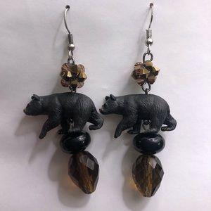 Wild black bear tiny mini crystal earring brown